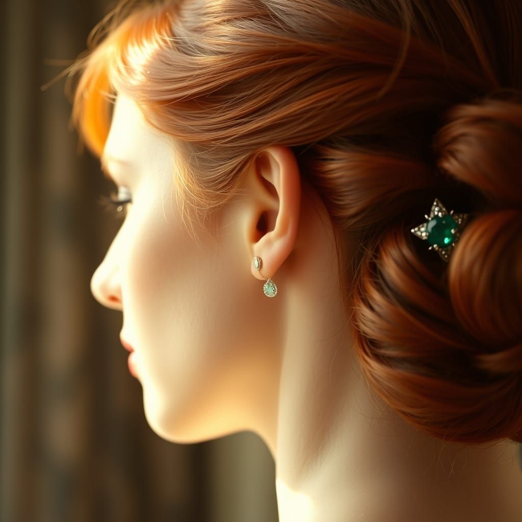 Elegant Woman with Emerald Cat Hairpin
