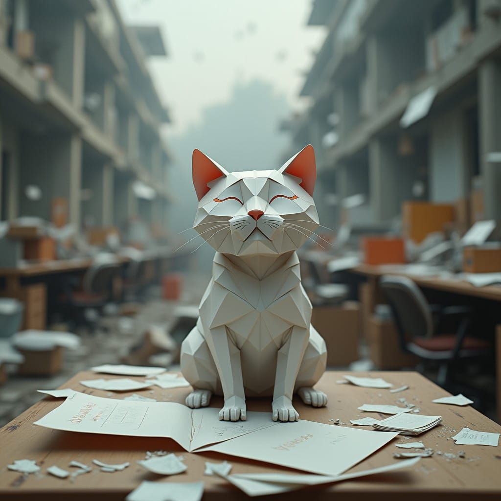 Photorealistic Cat Finds Serenity in a Shattered Office