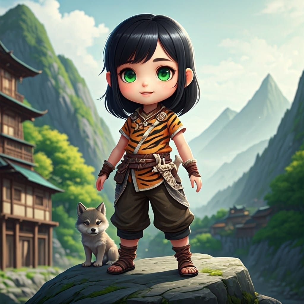 Chibi Anime Girl and Wolf Cub in Misty Mountains