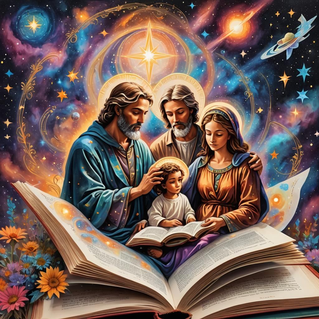 Cosmic Holy Family in Open Bible Illustration