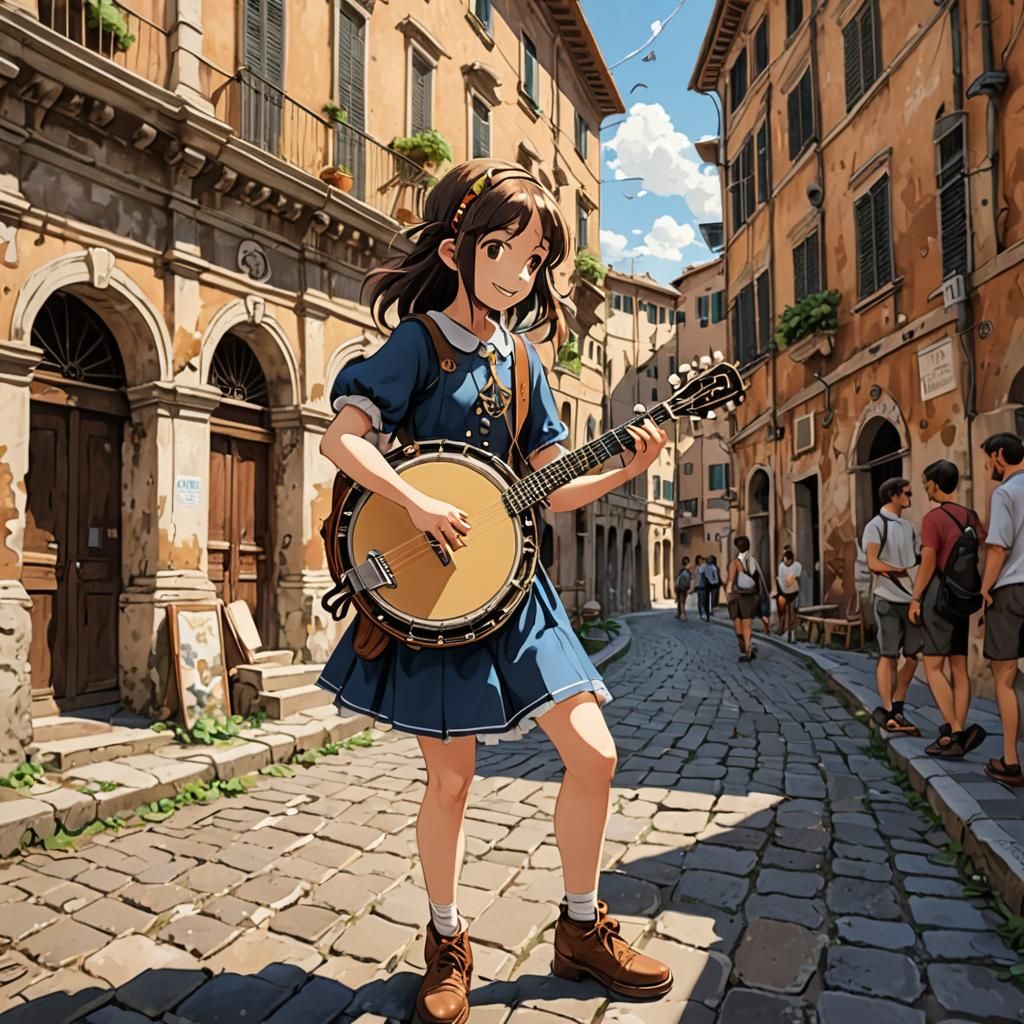 Young Girl Plays Banjo in Rome: Anime Style