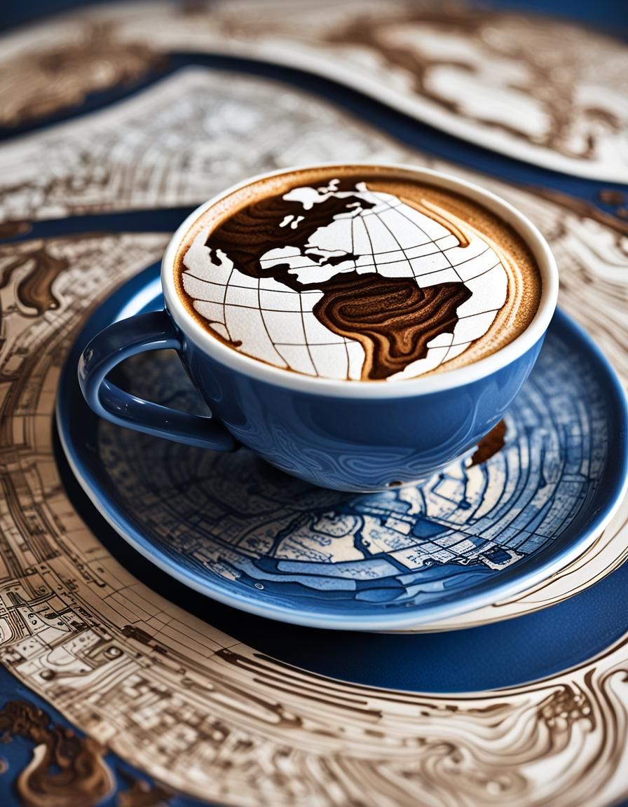 Latte art, a cup of coffee with a map of the globe on top