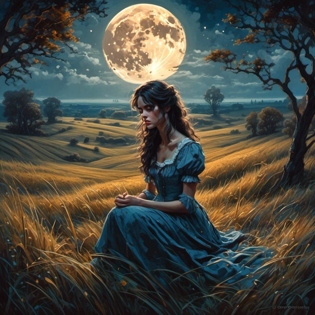 Victorian Brunette in Moonlight, Oil Painting Style