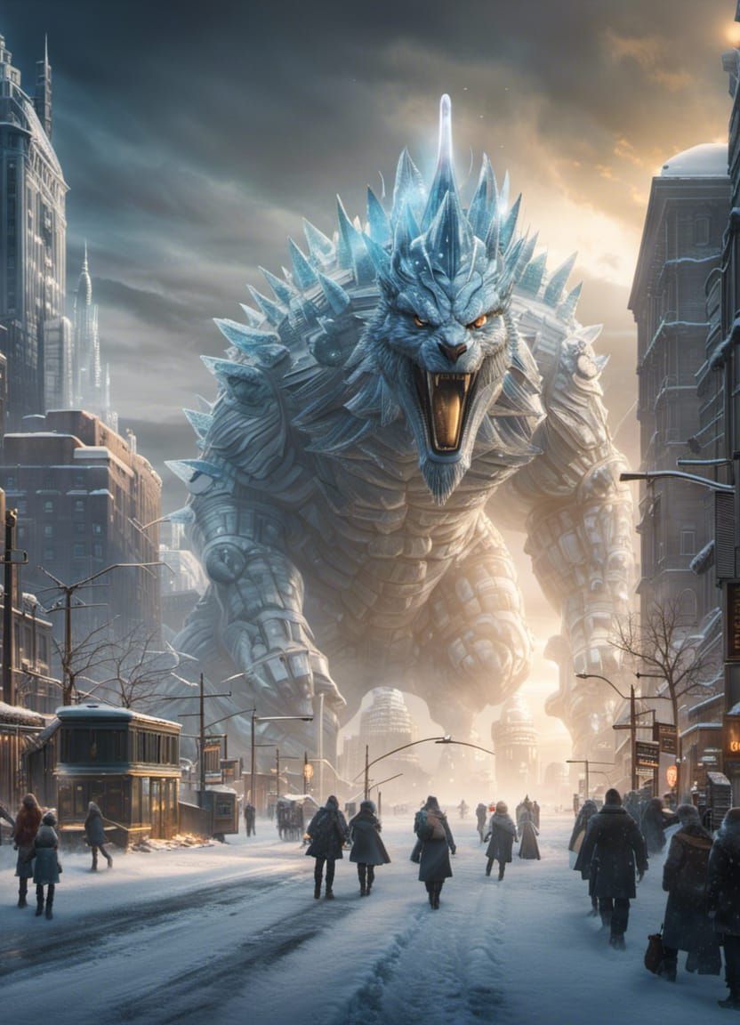 Frozen City Street with Giant Ice Godzilla Sculpture