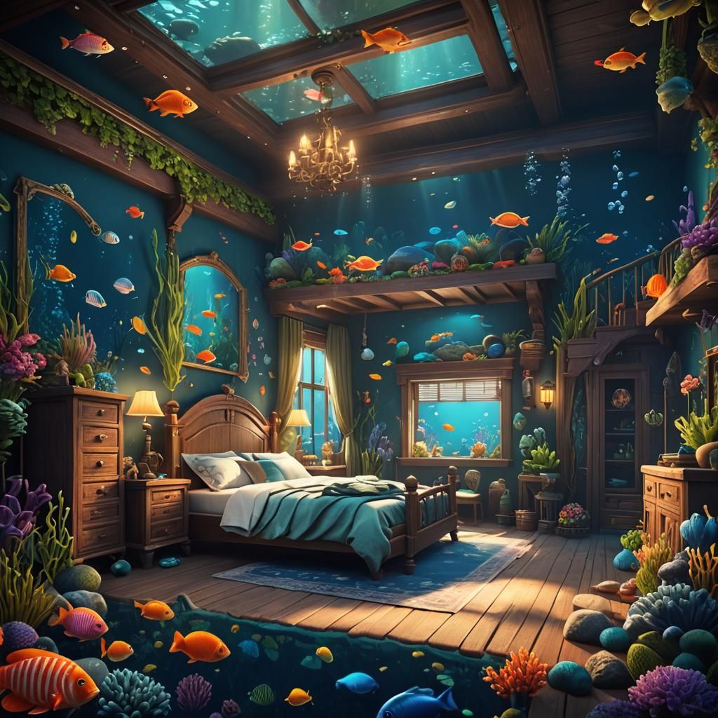 Underwater Cosy House with Fish in Digital Painting