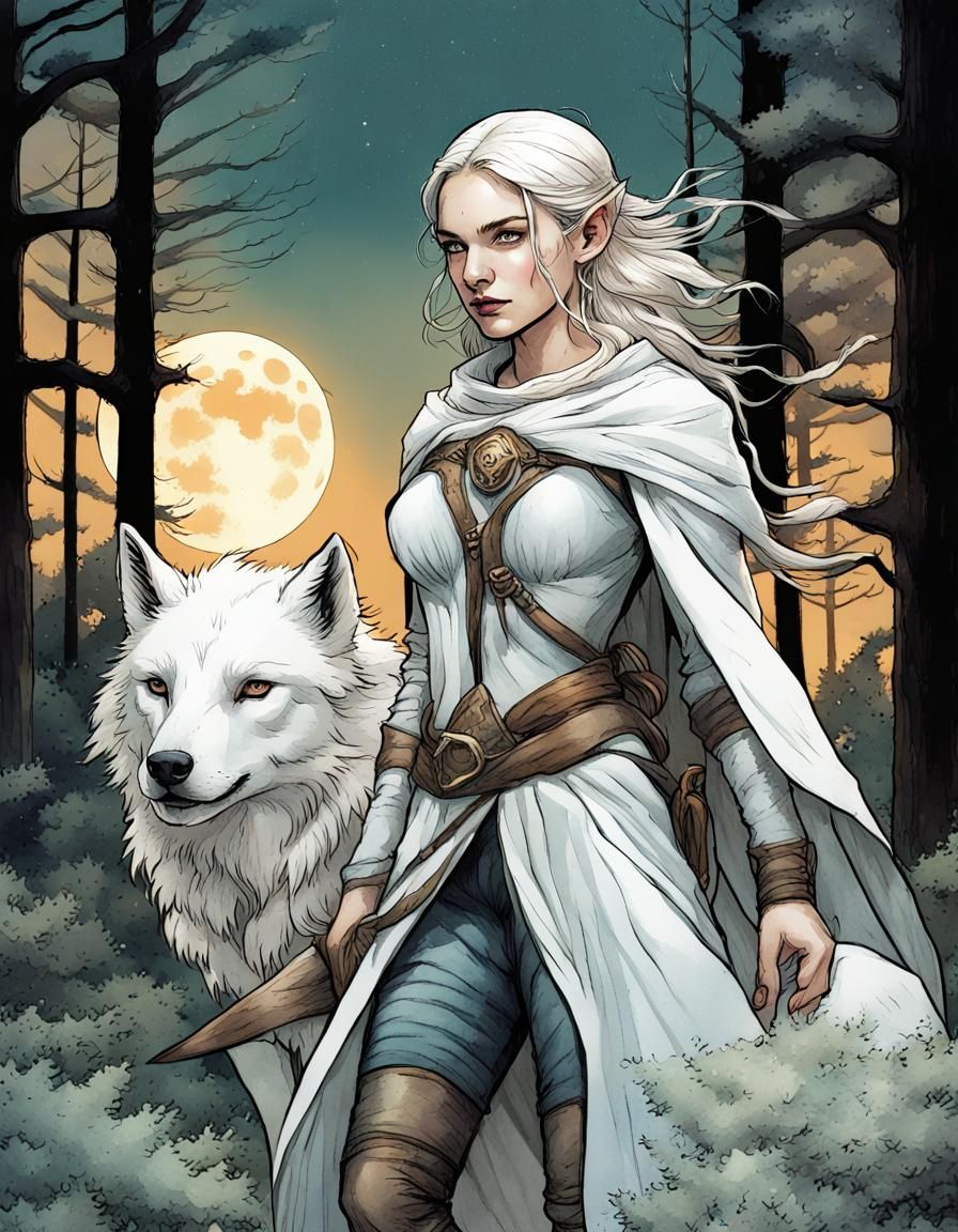 Elf Healer and White Wolf in Moonlit Forest