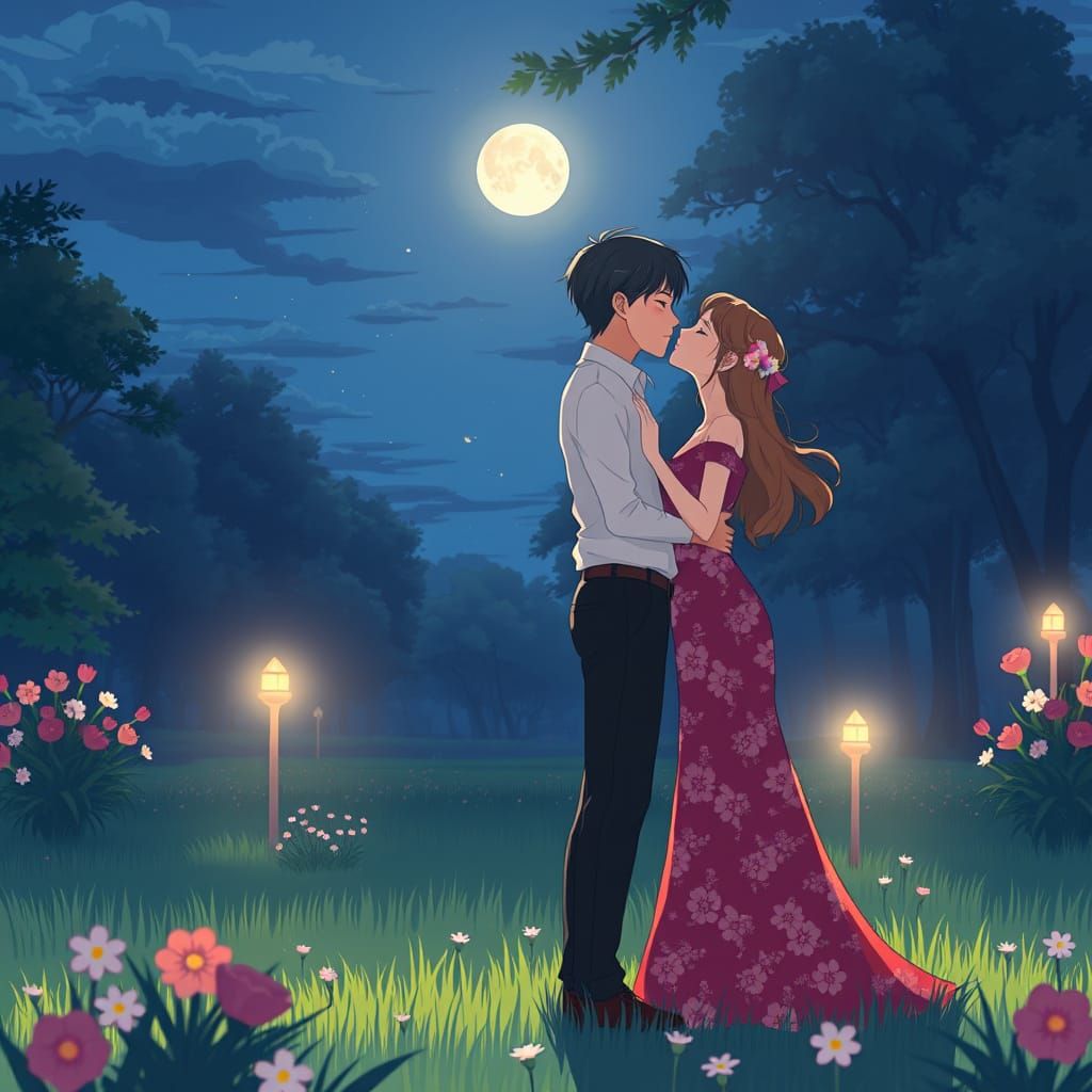 Anime Couple Kissing in Moonlit Park, Ghibli Style