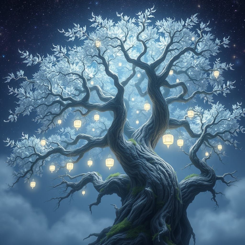 Ancient Tree Radiates Stardust Under Celestial Skies