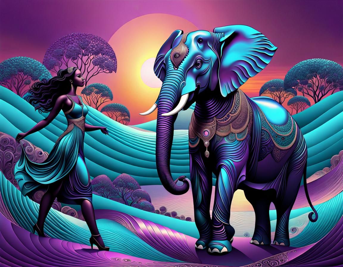 Woman and Elephant Sunset in Art Brut Style