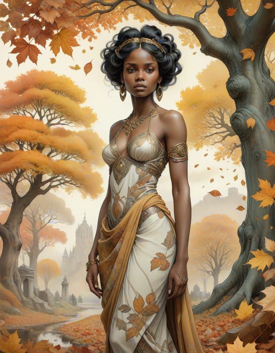 African Woman Under Autumn Tree in Art Nouveau Style