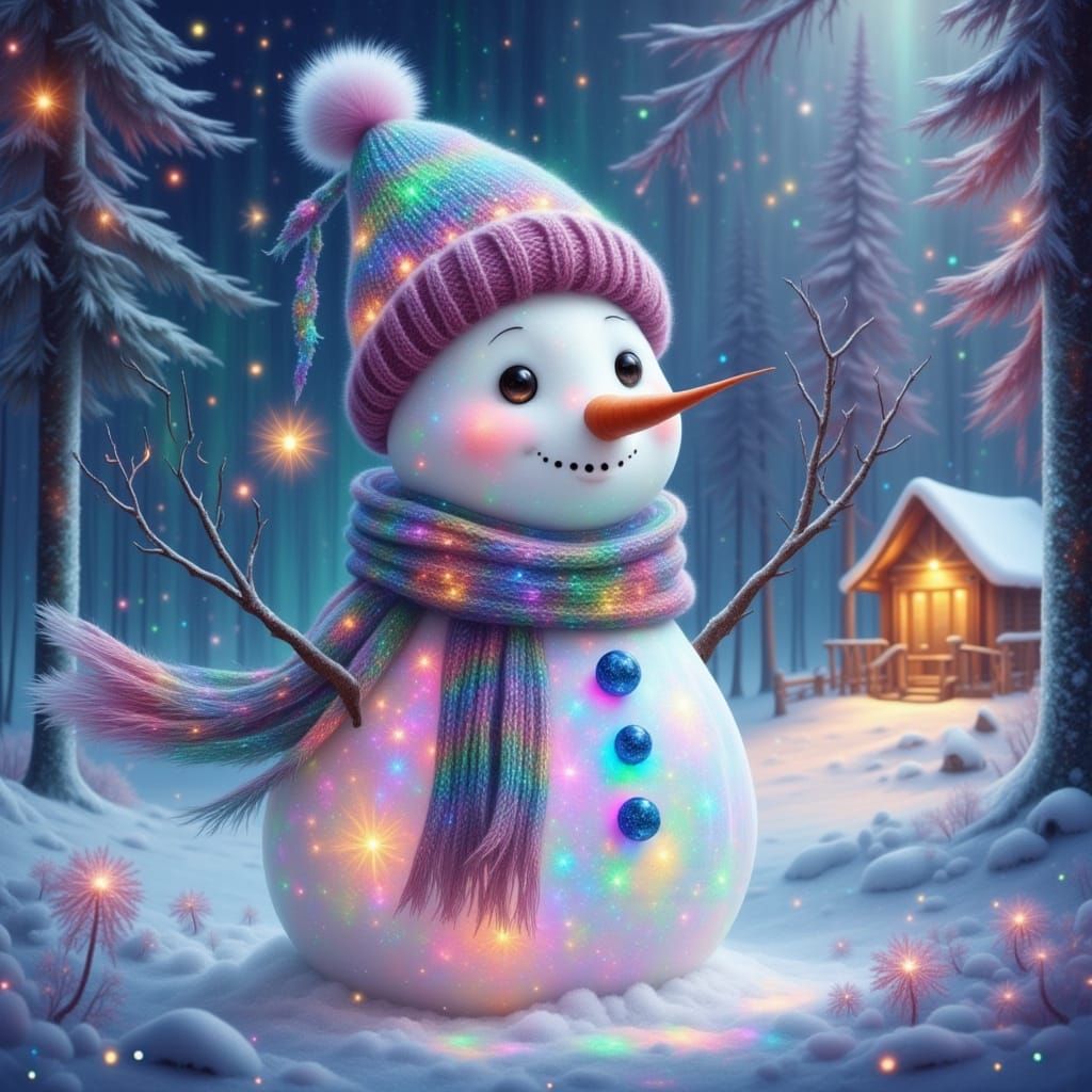 Joyful Holographic Snowman in a Sparkling Winter Forest
