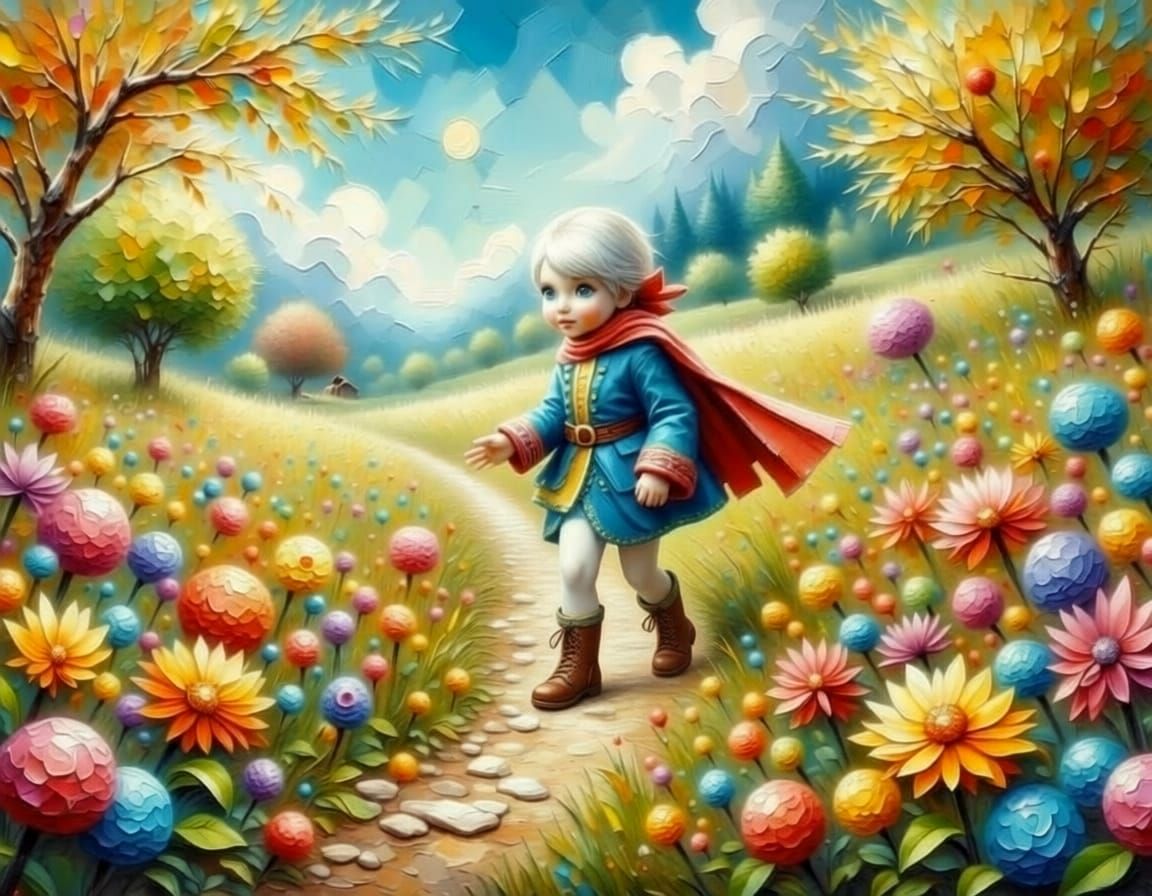 The little girl on the path in the meadow