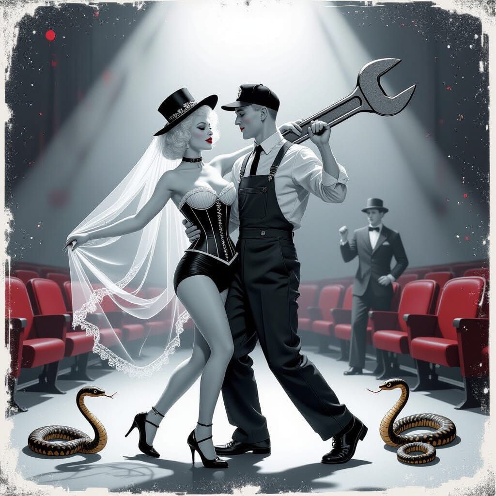 Monochrome Comic Art: Lovers Dance in Vintage Cinema