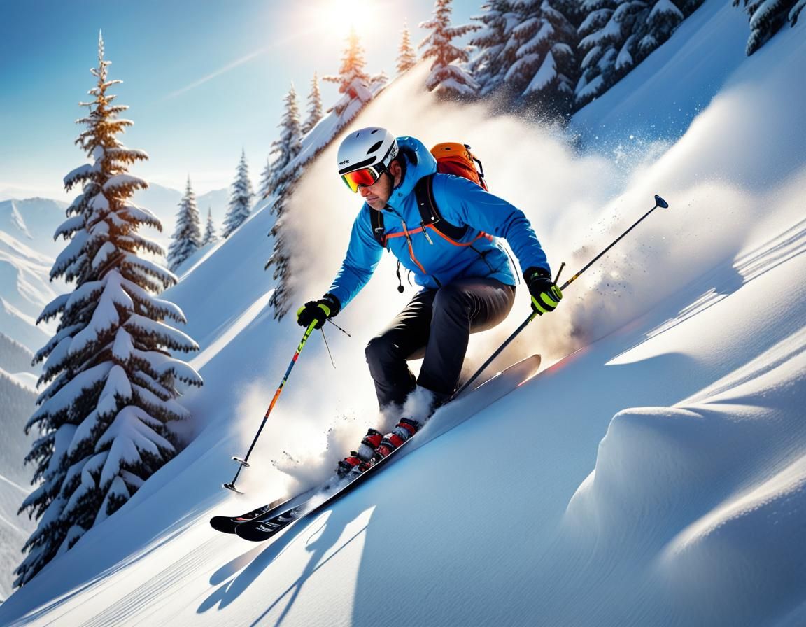 Hyperrealistic Skier Descends a Steep Winter Hill