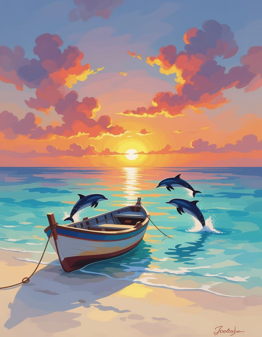 Idyllic Beach Sunset with Dolphins, Impressionistic Style