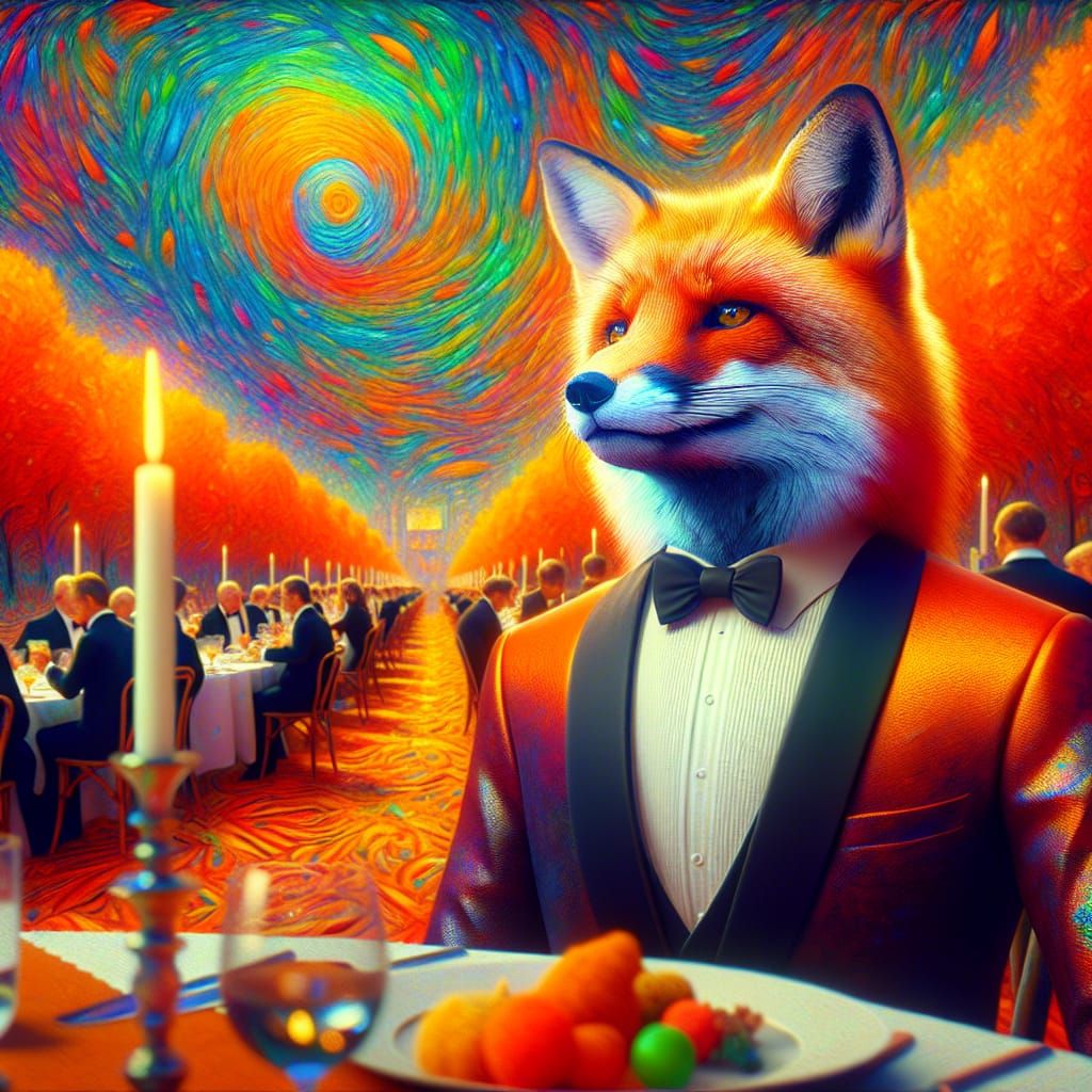 Charismatic Fox in Tuxedo at a Vintage Dinner Party