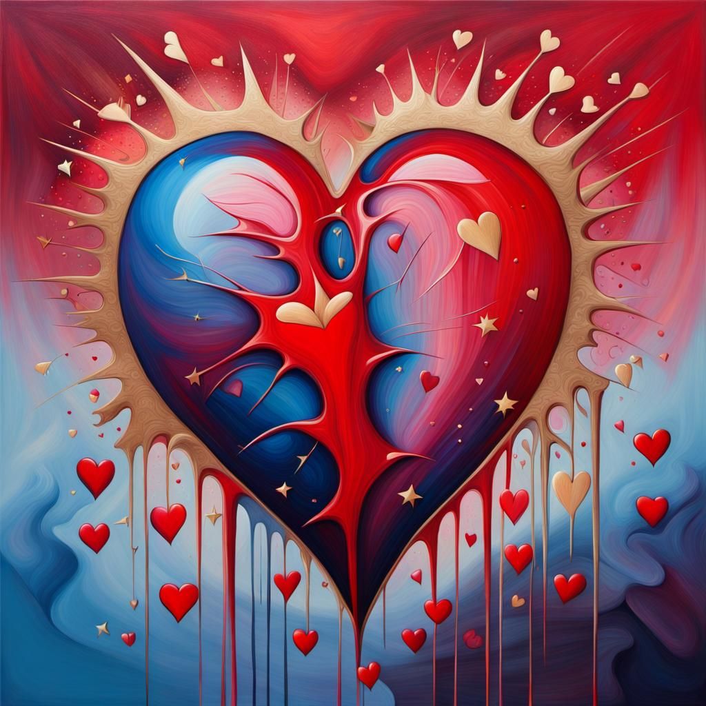 Create a detailed and vibrant surrealist painting, naive art, cubism realistic heart broken and dripping red. variegate...