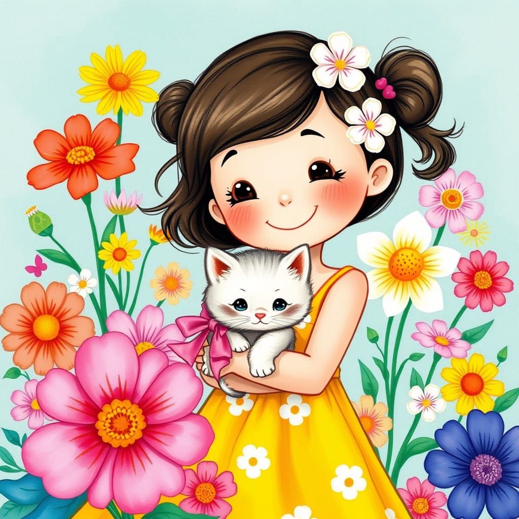 Whimsical Cartoon Girl with Kitten and Flowers