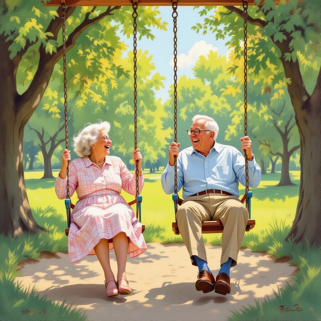 Joyful Elderly Couple Swinging in Park, Rockwell Style