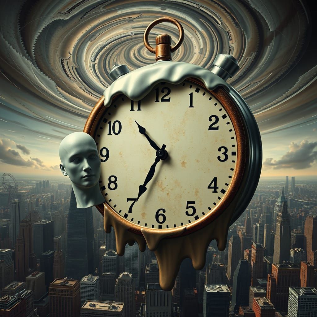 Surreal Melting Clock in Dystopian Landscape