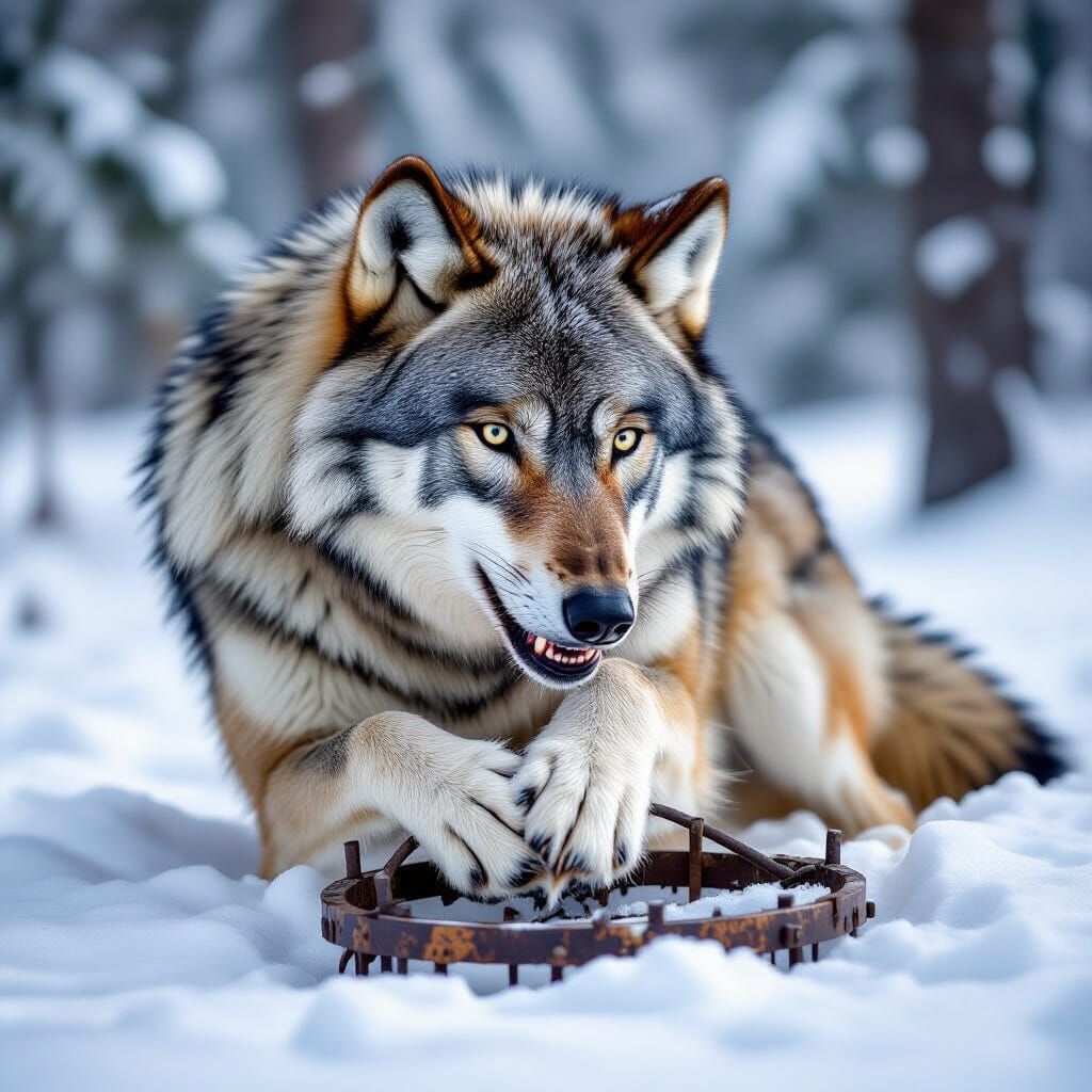 Wolf Trapped in Snowy Forest: A Wildlife Photography Scene