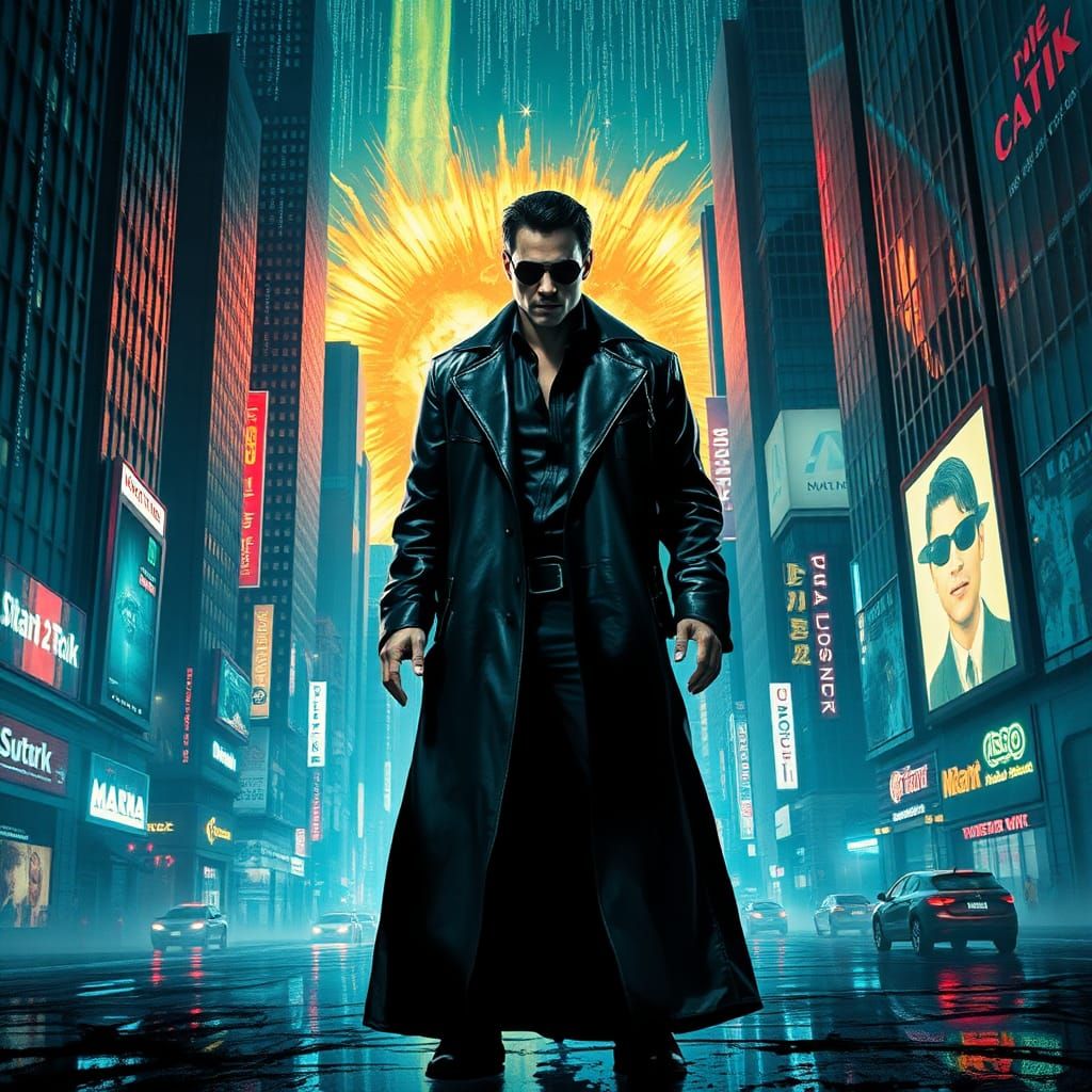 Neo in Dystopian Cityscape with Matrix Code