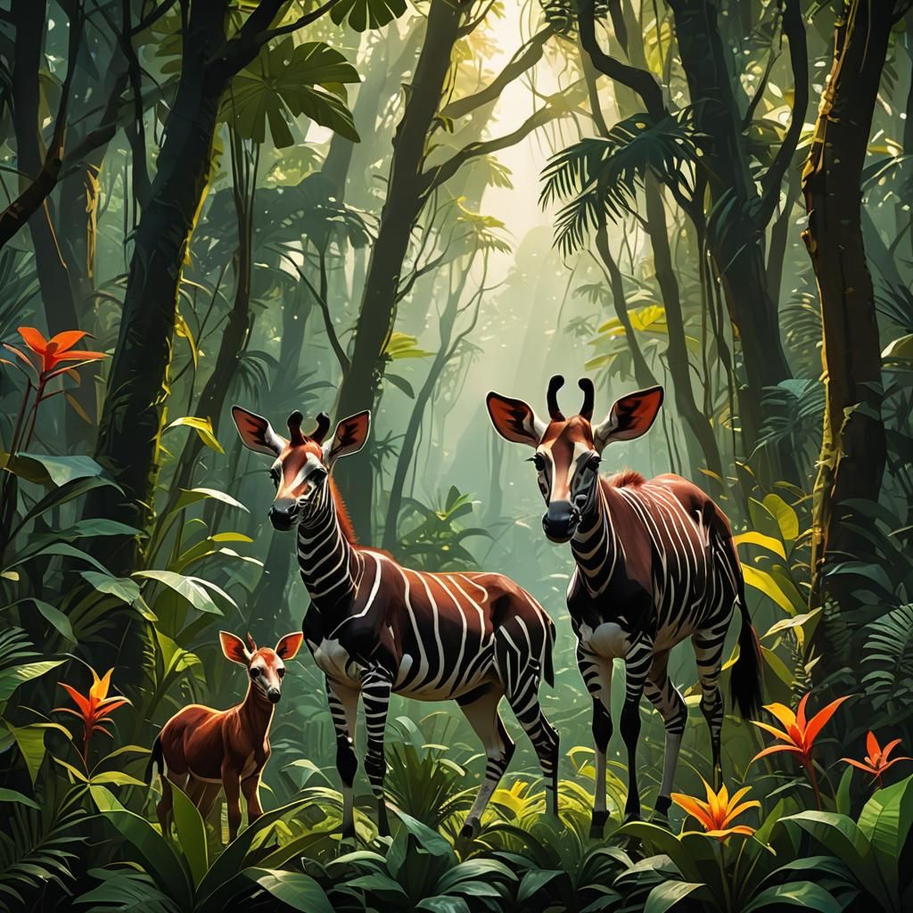 Okapi Mother and Calf in Enchanted Jungle