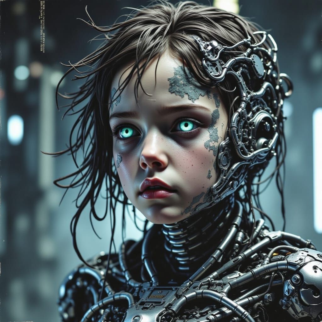 Young cyborg child looking diseased, cold-eyed, controlled, ...