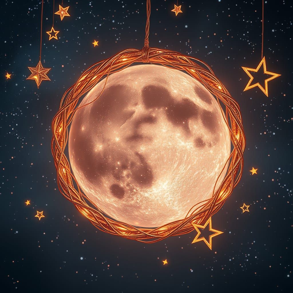 Twisted Wire Moon and Stars in Futuristic Dreamscape