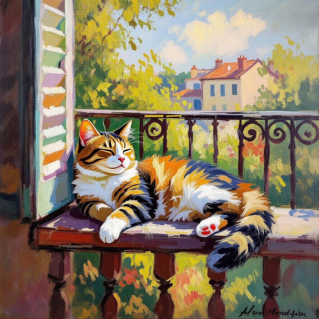 Cat Lounging in Sunshine: An Impressionist Oil Painting