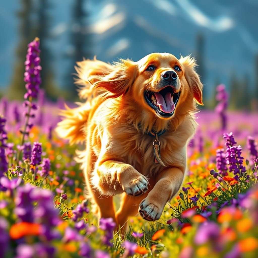 Golden Retriever Running Through Purple Flowers in Alaska