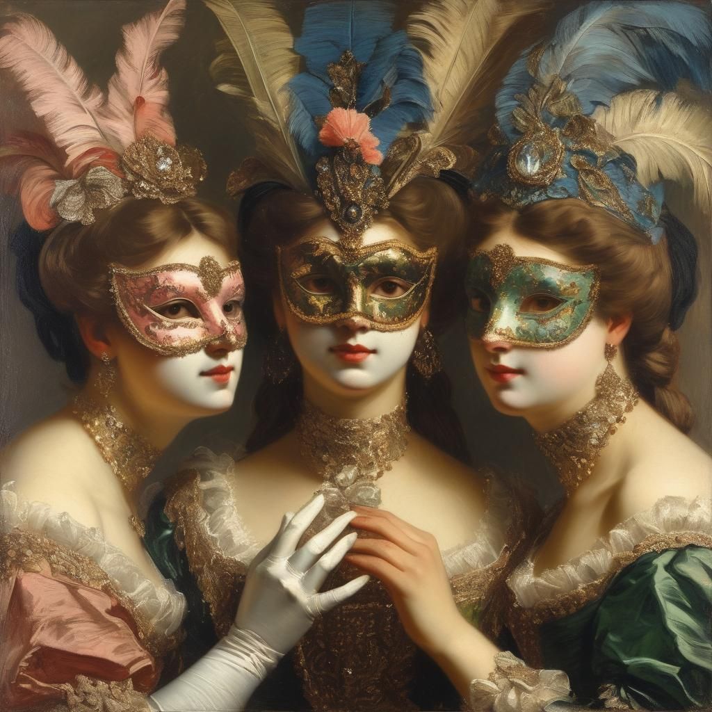 Venetian Women at Masquerade Ball, Academic Oil Painting