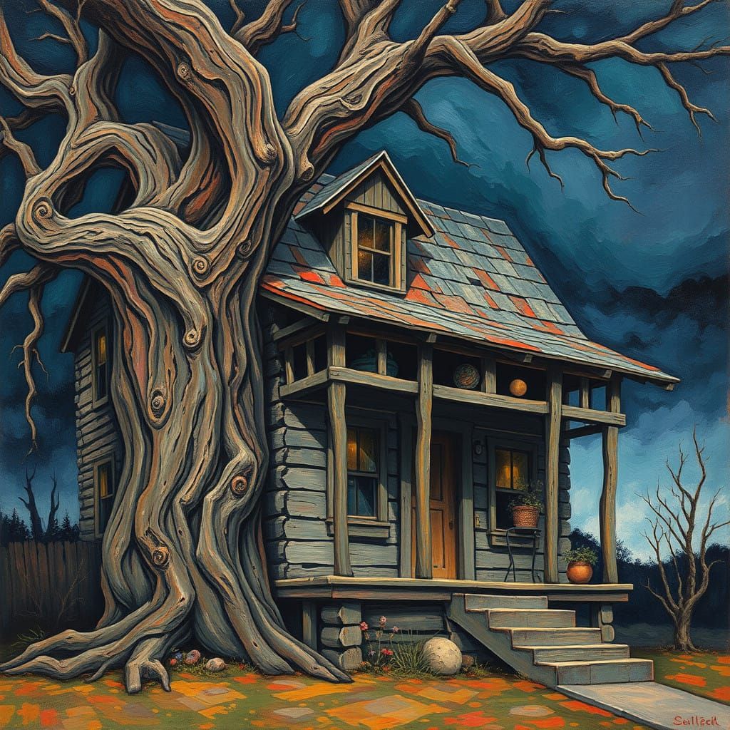 Weathered Abode Leans on Ancient Tree, Neo-Impressionist Sty...