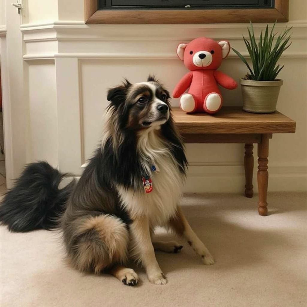 Adorable Dog with Red Plush Toy, Realistic Style