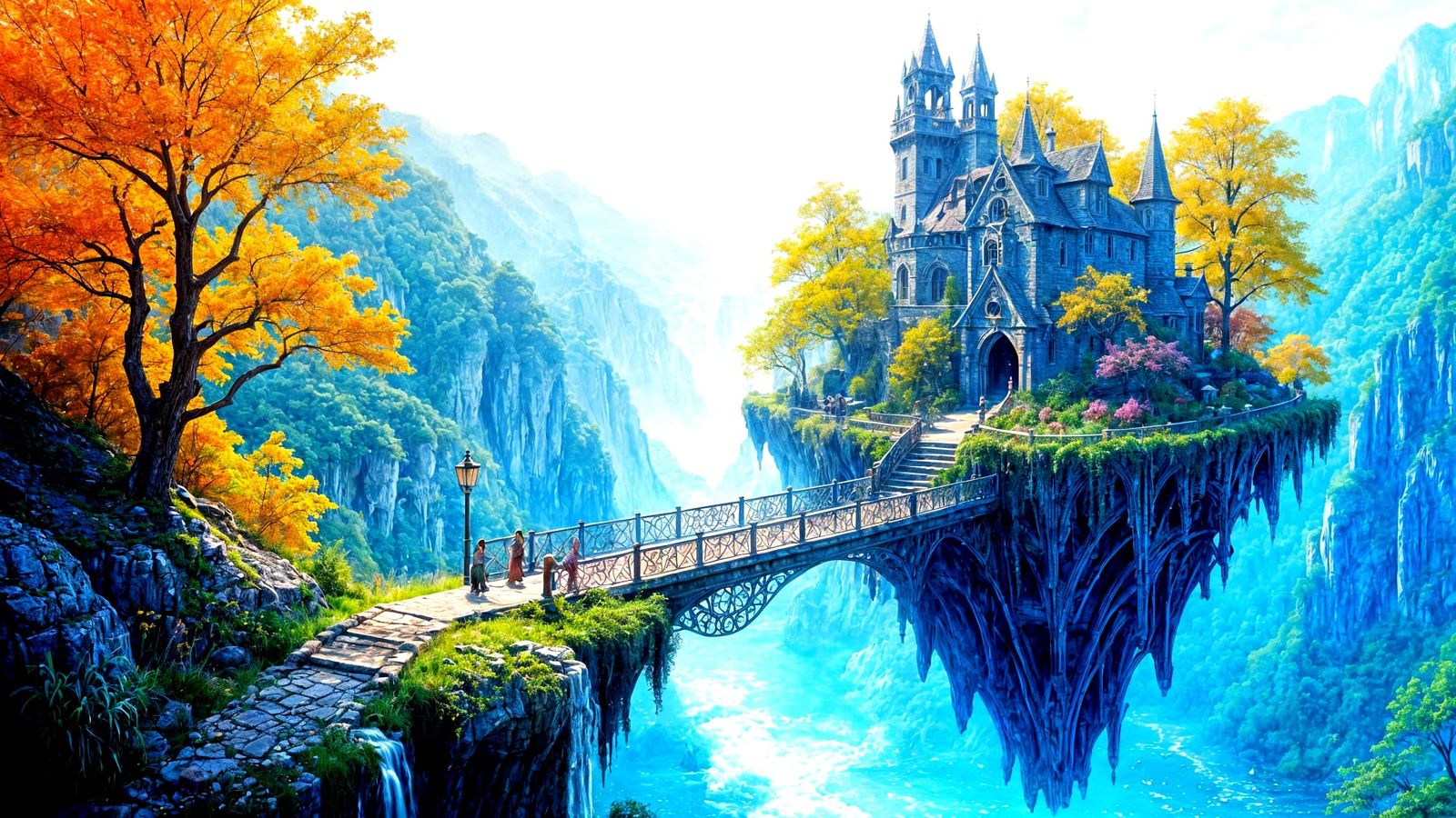 Fairytale Village on Floating Islands, Watercolor Masterpiec...