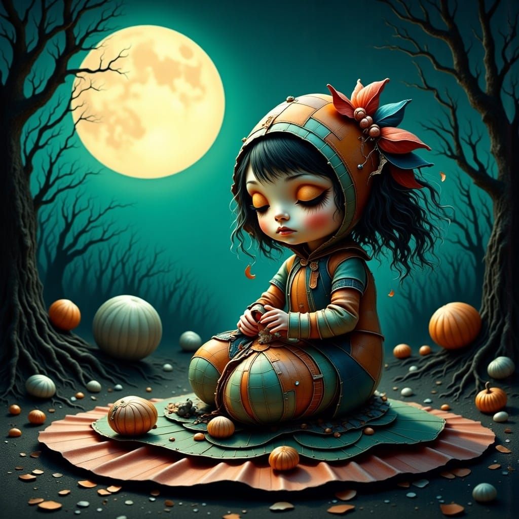 Patchwork Doll Stitches Herself Under Moonlight