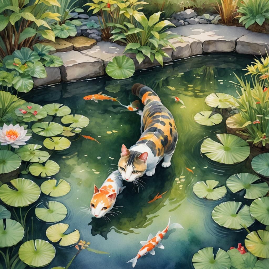 Cat in Japanese Garden Watercolor Painting