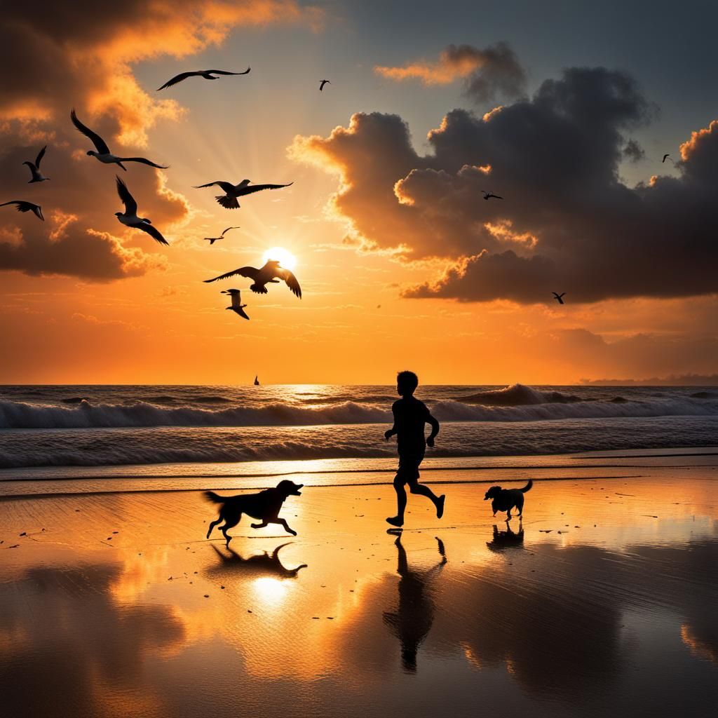 Silhouette of Boy and Dog at Sunset