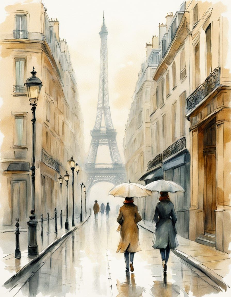 Foggy Paris Street Scene in Impressionist Pencil Sketch
