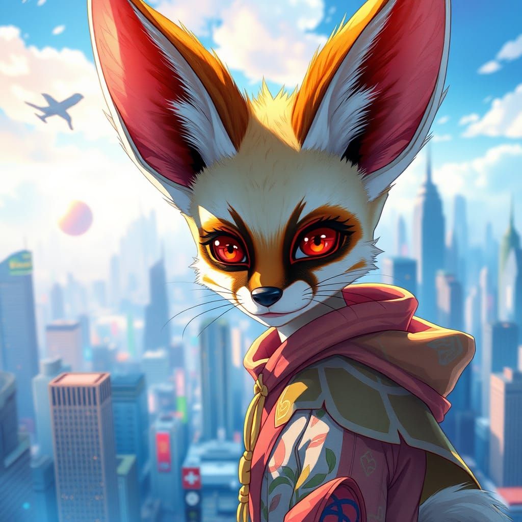 Anime Fennec Boy in Watercolor Cityscape