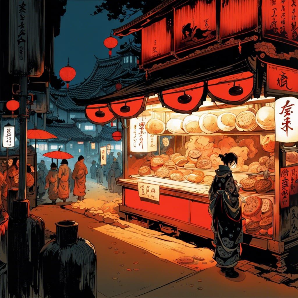 Japanese Street Food at Night: Ornate Gothic Art