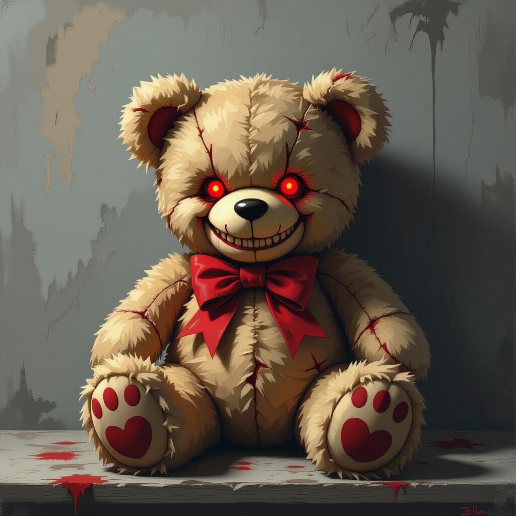 Creepy Teddy Bear with Red Eyes and Grin
