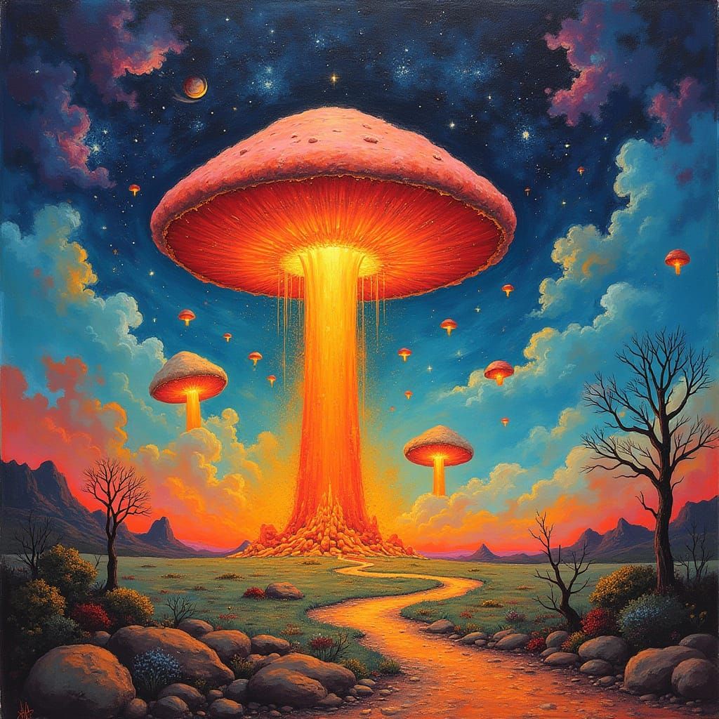 Vibrant Fauvist Metropolis Amidst Mushroom Clouds