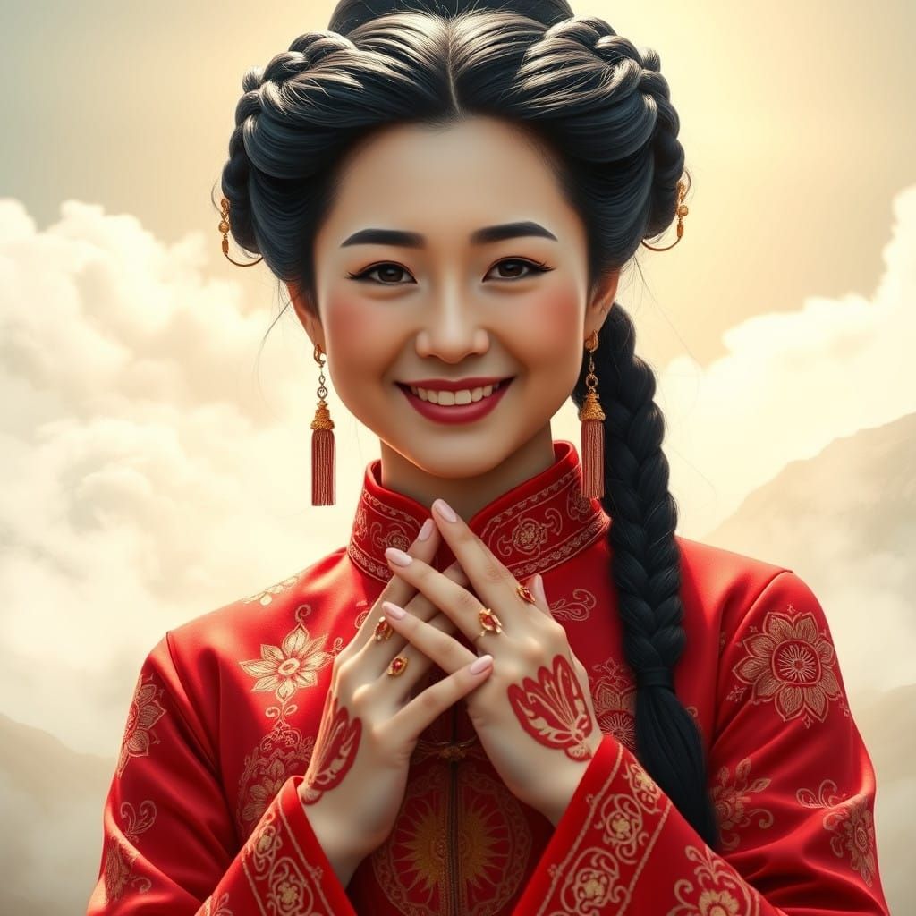 Ethereal Chinese Empress in Vibrant Red Cheongsam with Golde...