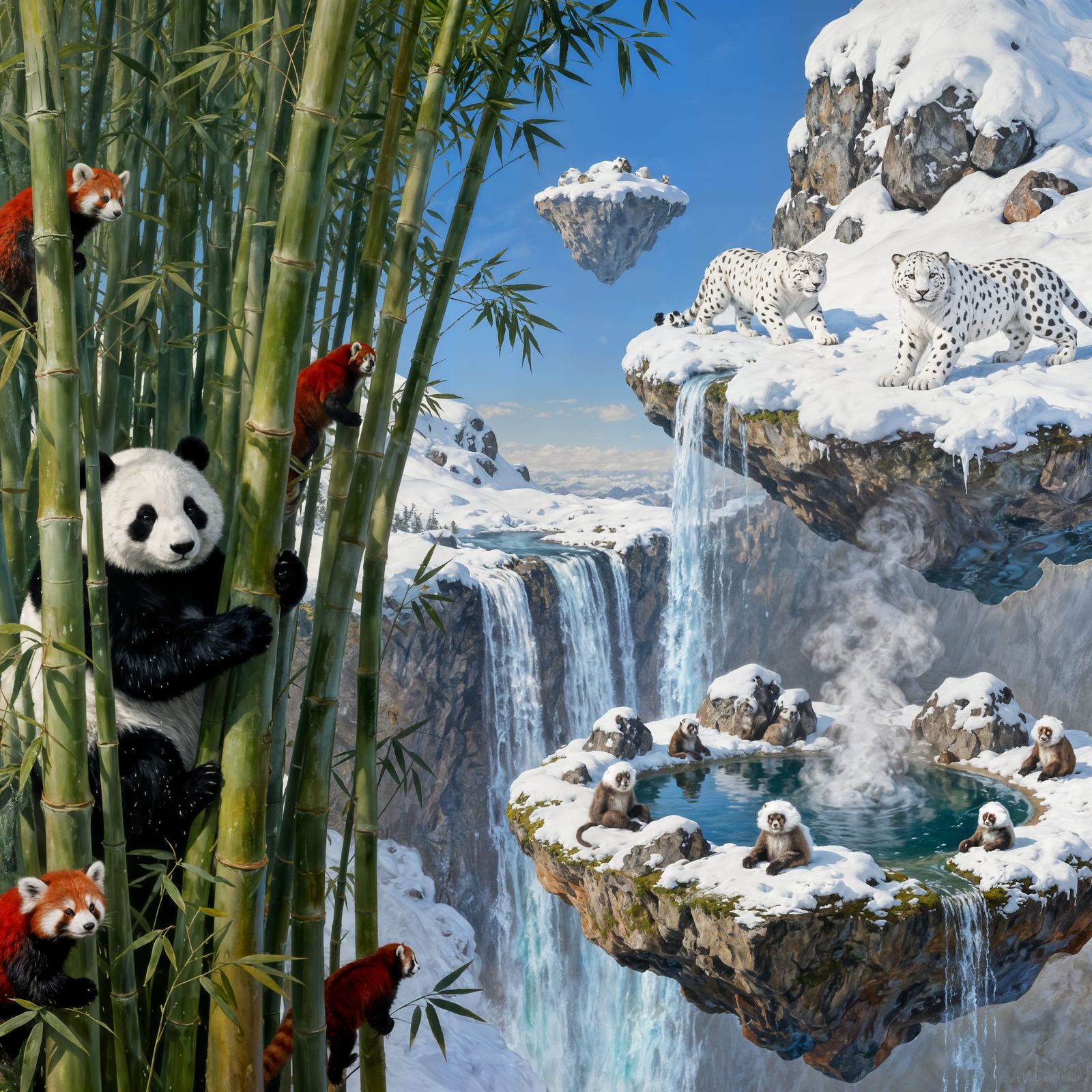 Surreal Dreamscape: Floating Islands with Pandas and Snow Le...