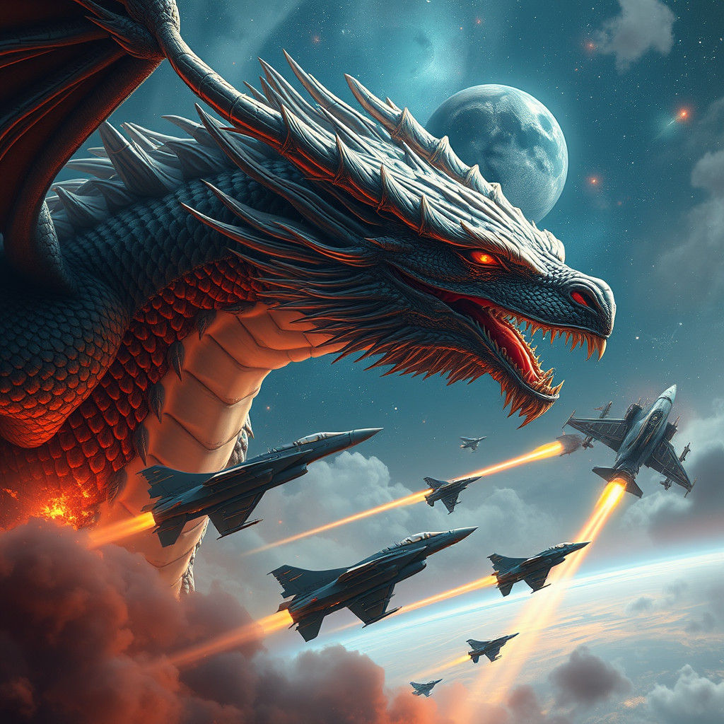 Astral Dragon and Jets Protect Earth, Holographic Illustrati...