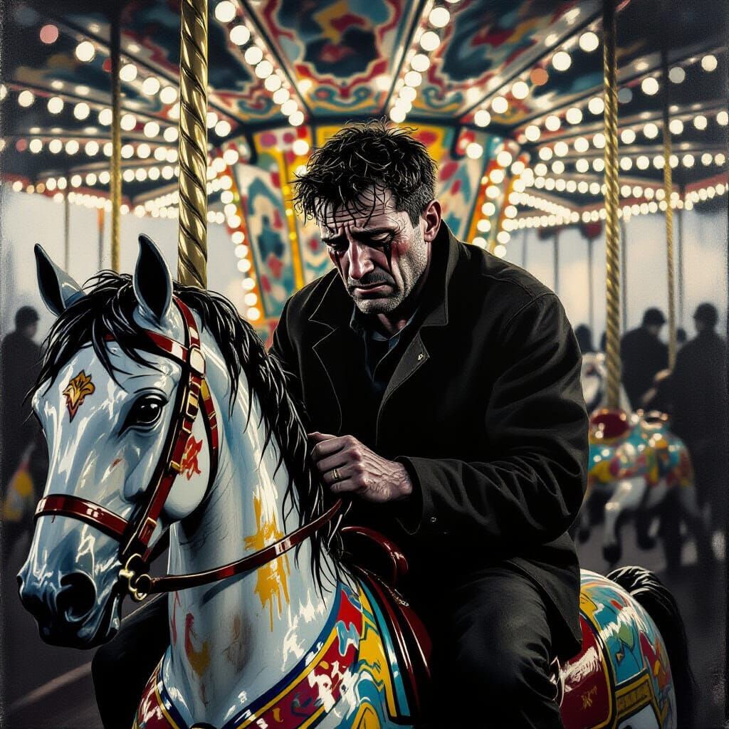 Man Weeps on Carousel Horse in Charcoal Drawing Style