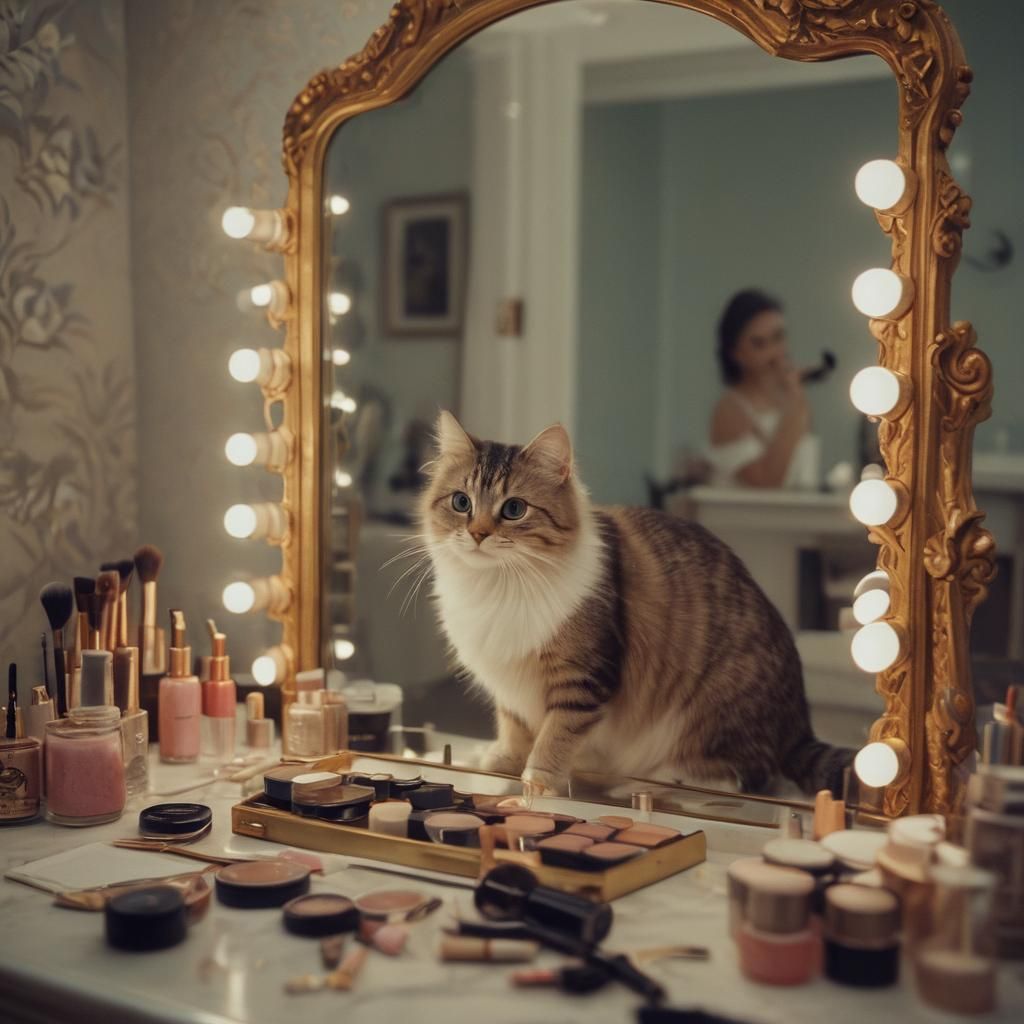 Cinematic AI Cat at Vanity Applying Makeup