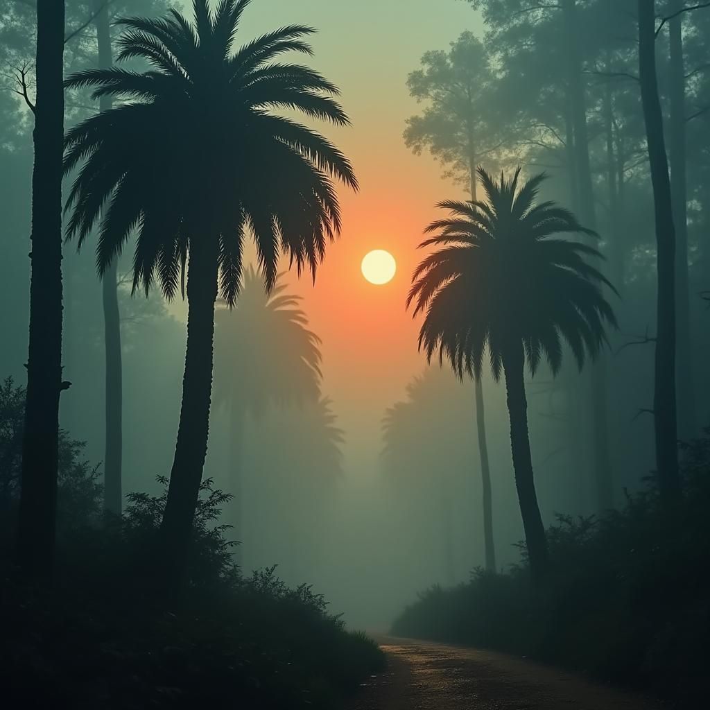 Palm Trees in a Dark Enchanted Forest at Sunset