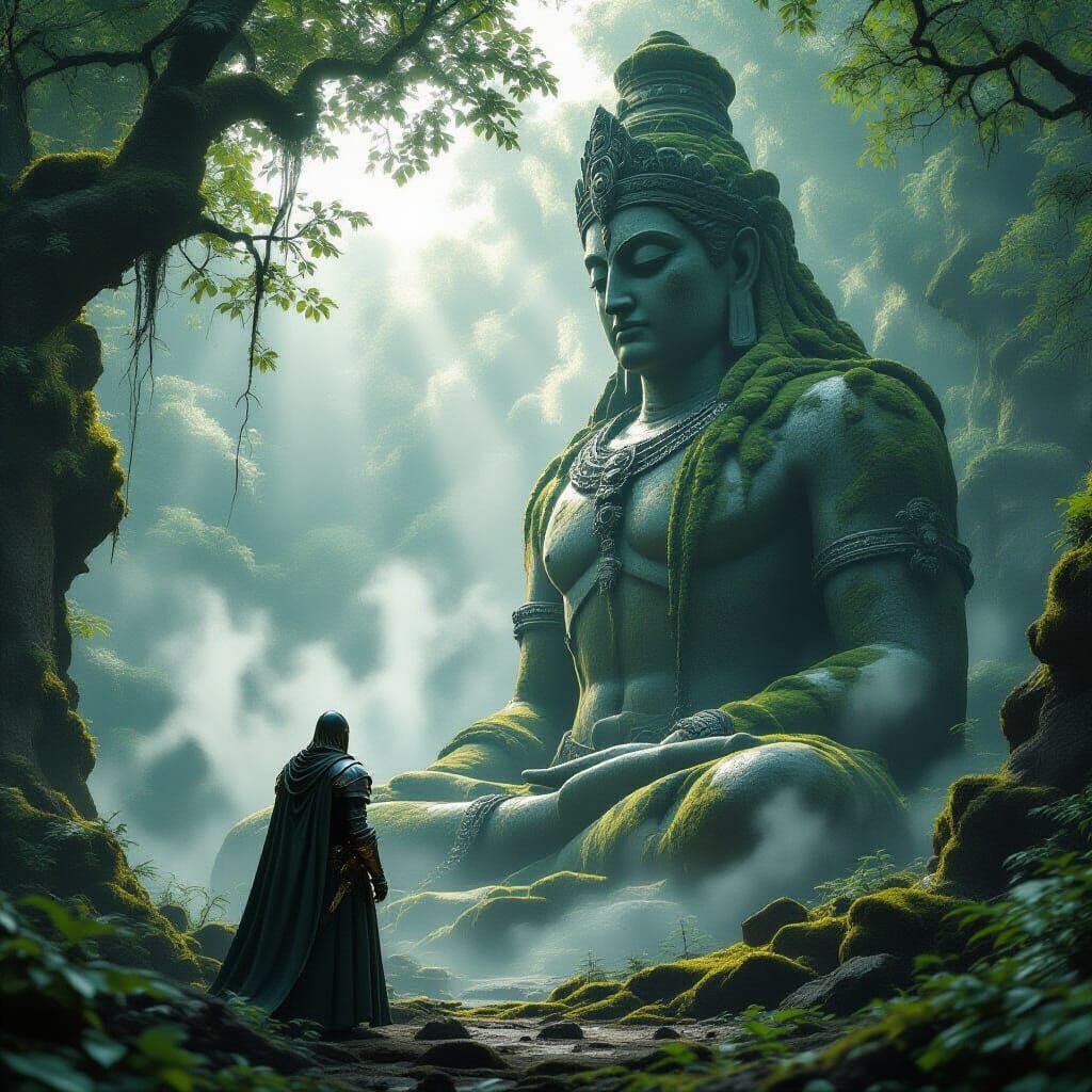 Knight Before Ancient Statue in Misty Forest